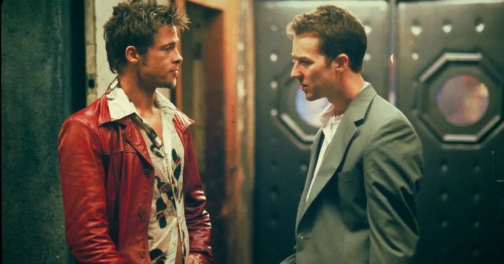 Tyler Durden (Brad Pitt) and The Narrator (Edward Norton) talk in the film Fight Club (1999)