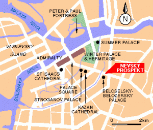 Plan of downtown St.Petersburg, Russia -red label indicates Golden Dolls' location